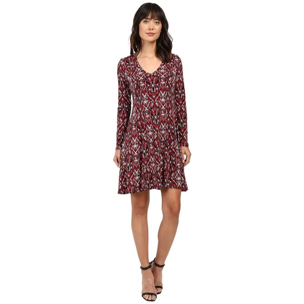 Karen Kane Womens Fit Flare Dress Abstract V-Neck Stretch Jersey Red Black SZ S